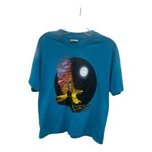 Vintage Native Eagle Moon Blue L T-Shirt Art Tops Sally J. Smith Illustration